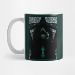 Portrait, digital collage, special processing. Beautiful but dark, like witch, woman. Tale. Dark green. Mug